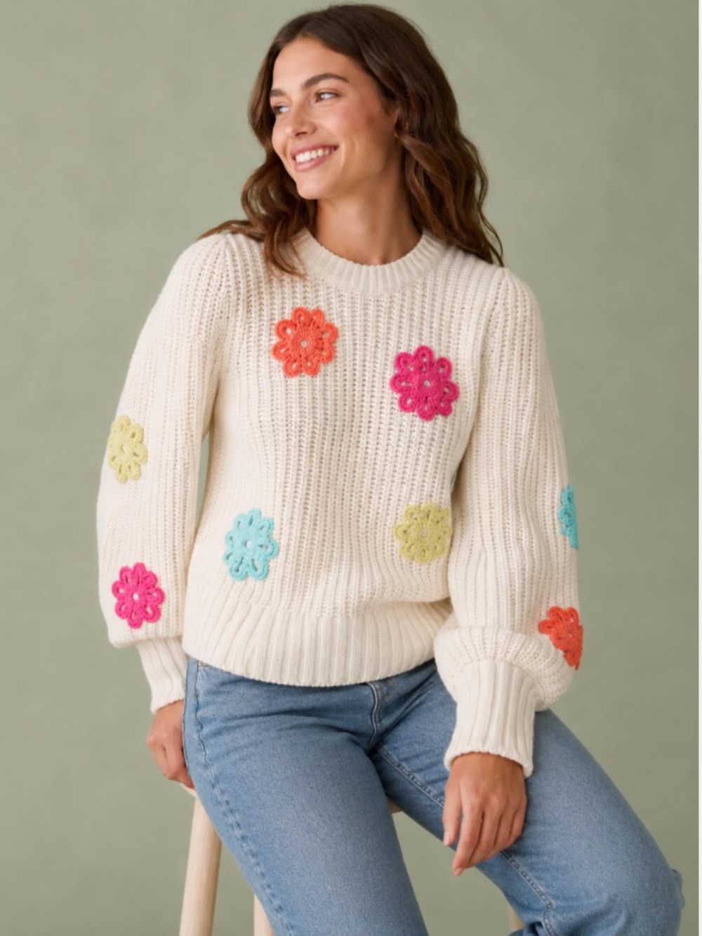 Rails NEW Romy Sweater Large Ivory Floral Daisy Appliqué Chunky Cotton Knit